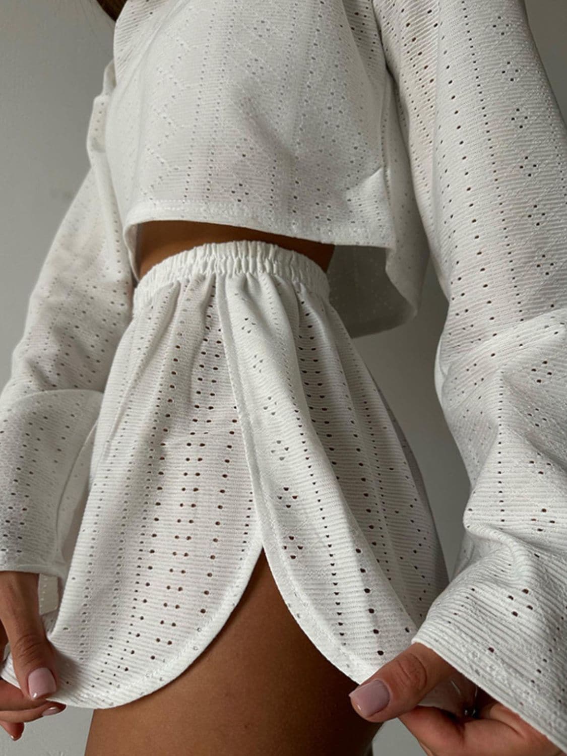 Eyelet Round Neck Top and Shorts Set.