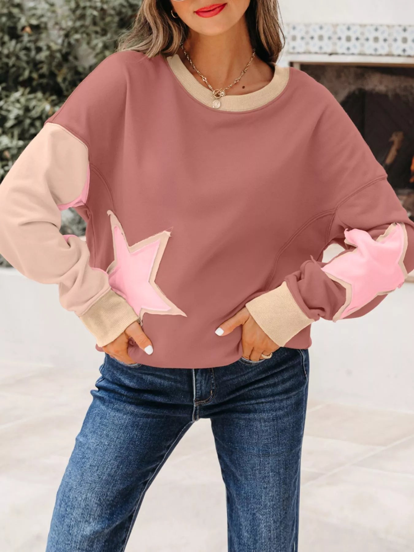 Contrast Star Patchwork Exposed Seam Uneven Hem Drop Shoulder Sweatshirt Simply Love