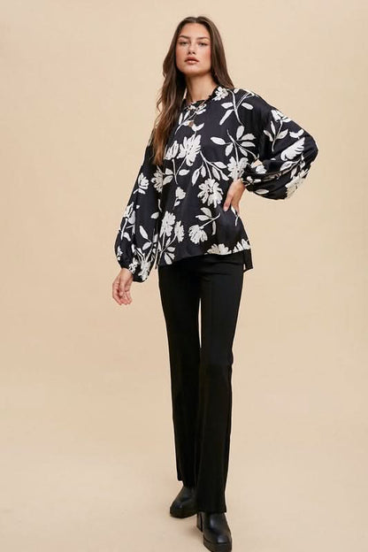 Frilly Elegance: Printed Balloon Sleeve Blouse