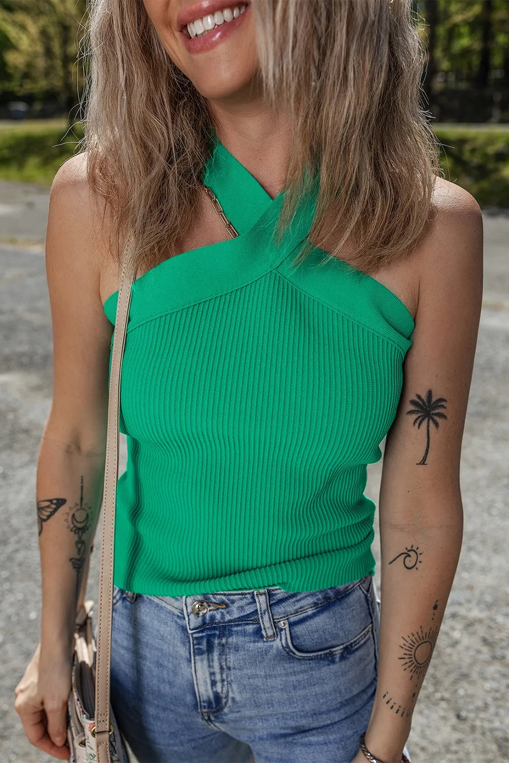 Ribbed Criss Cross Halter Neck Sheath Sweater Tank Top