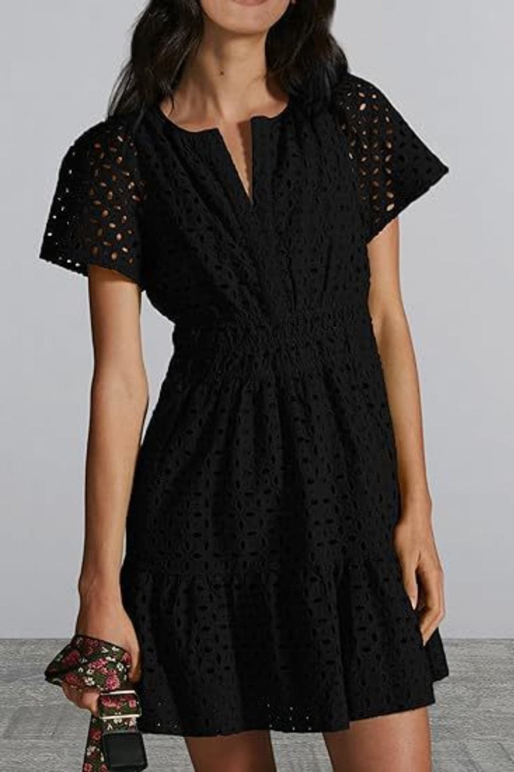 Sheer Eyelet Mini Dress With Sleeves For Effortless Elegance