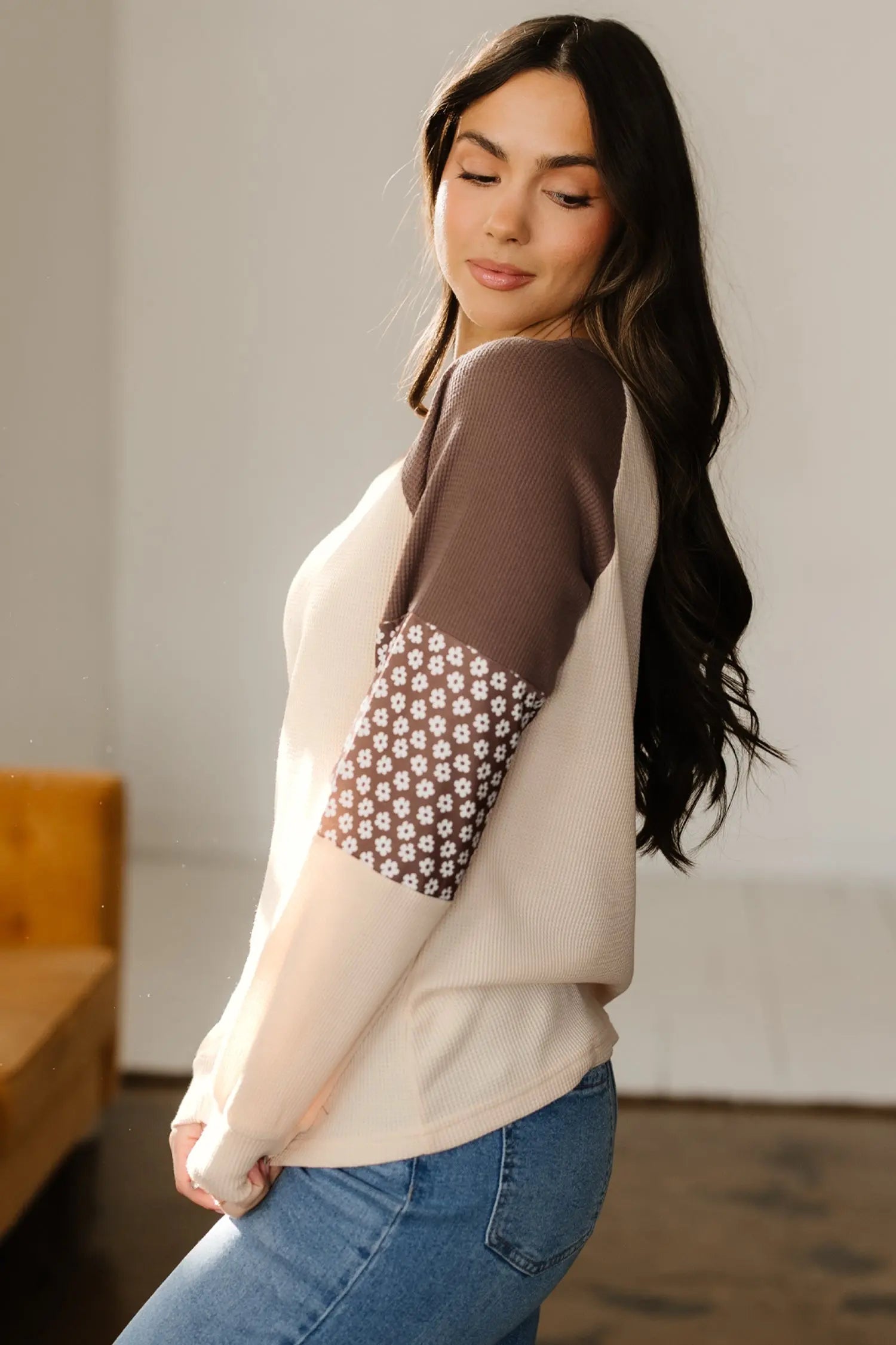 Dear-Lover Brown Floral Top Women's Fall Fashion Patchwork Long Sleeve Southern Belle Style Dear-Lover Dropshipping