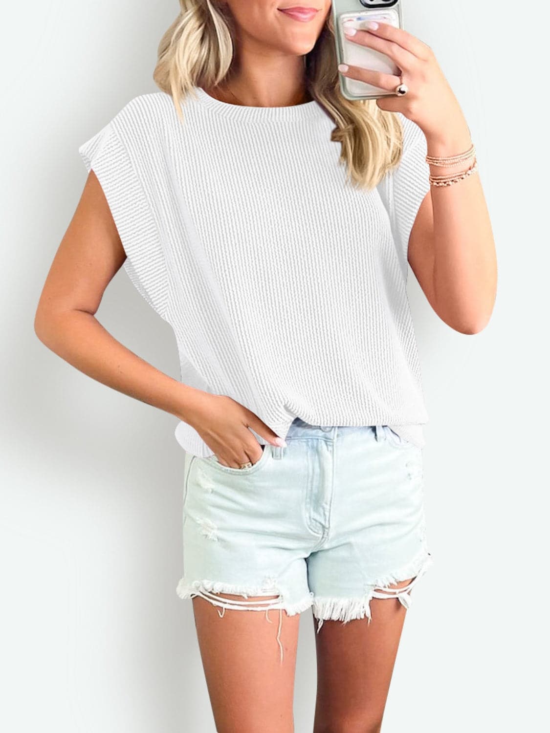 Textured Round Neck Cap Sleeve Blouse.