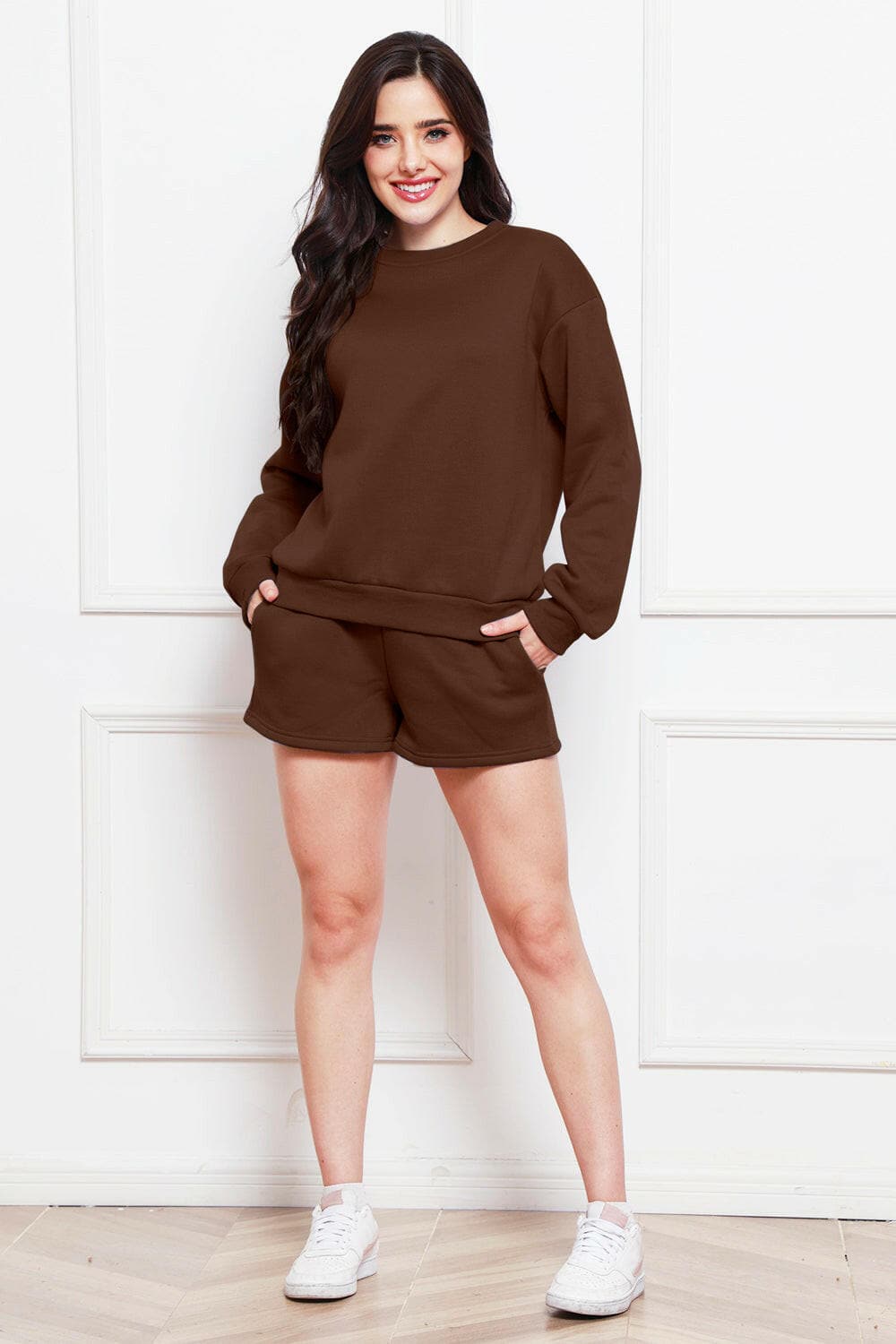 Round Neck Long Sleeve Sweatshirt and Drawstring Shorts Set.