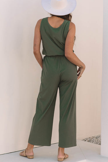 Vineyard Green Sleeveless Wide-Leg Jumpsuit with Drawstring Waist and Button Detail