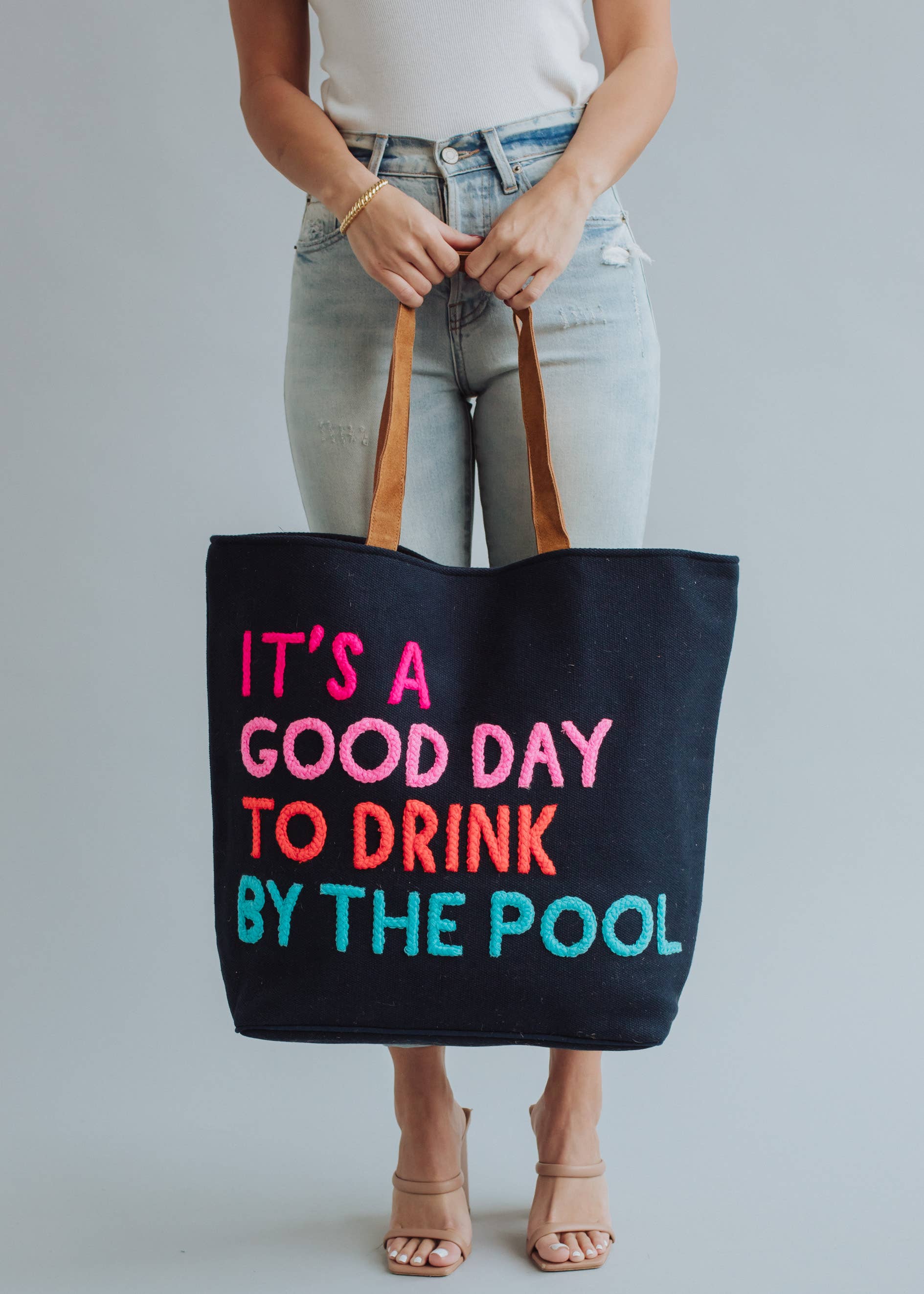 Navy Poolside Tote With Multicolor Poolside Quote Design Fitkitty Culture Athleisure Wear, Yoga Wear & Women's Clothing