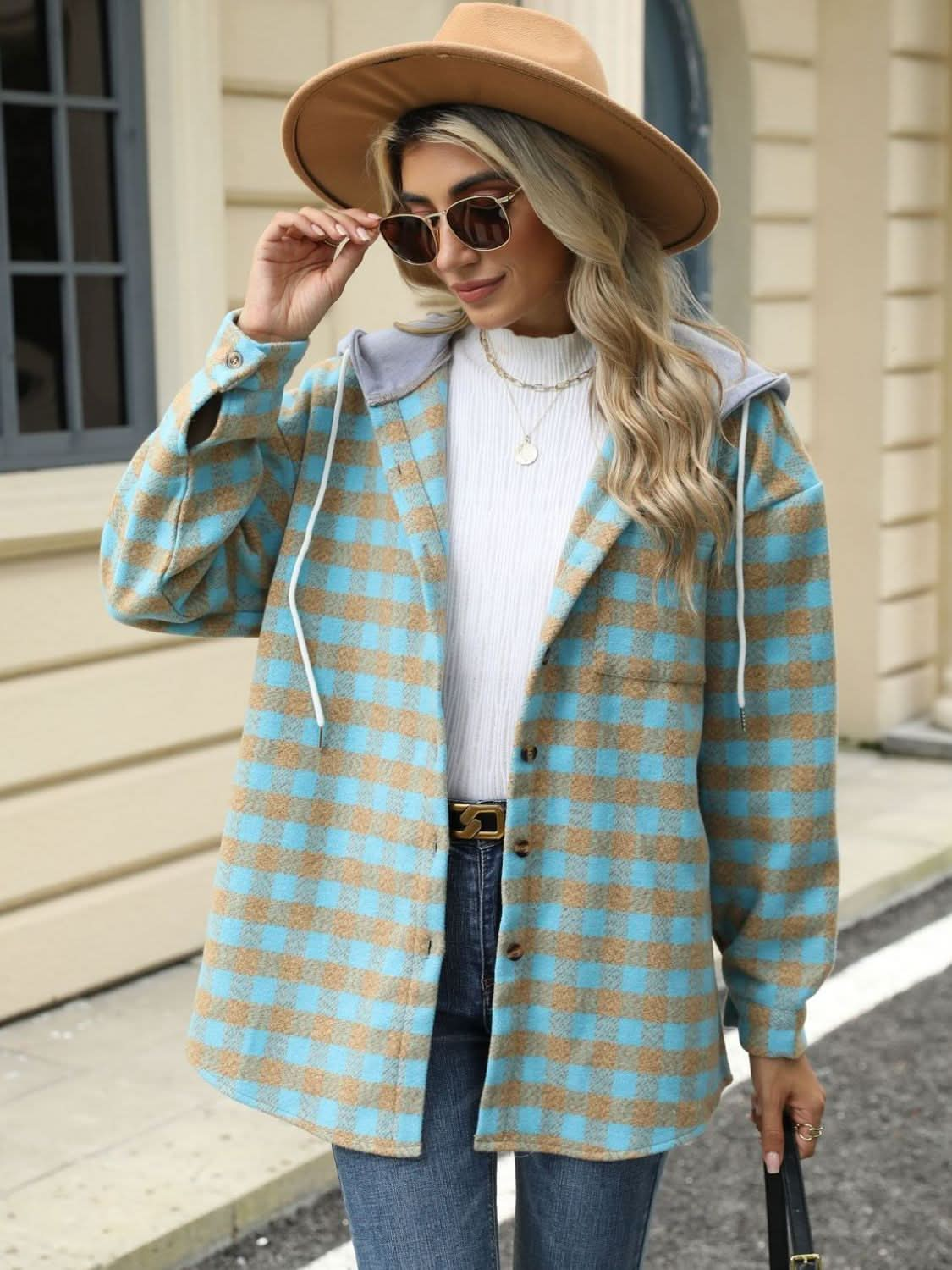 Plaid hooded jacket with pockets