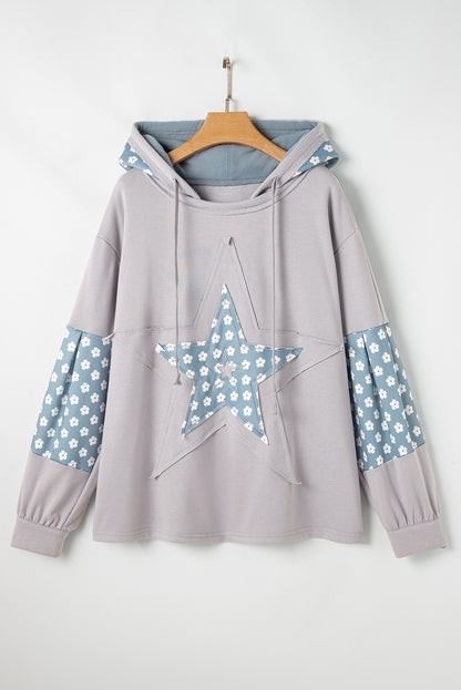 Chic blue floral patchwork hoodie with star accents