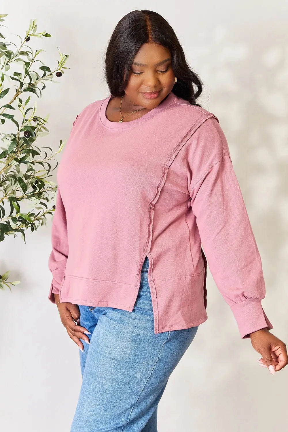 Culture Code Full Size Round Neck Exposed Seam Slit Top Coco’s Tee Boutique