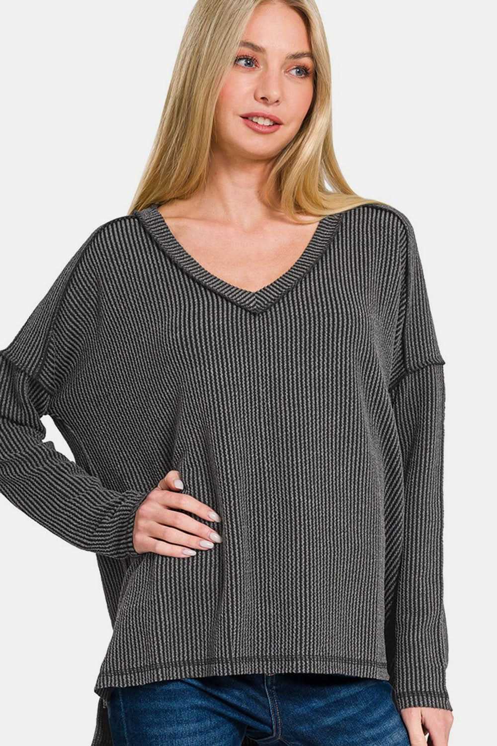 Zenana Texture Exposed Seam V-Neck Long Sleeve T-Shirt with ribbed fabric and elegant design.