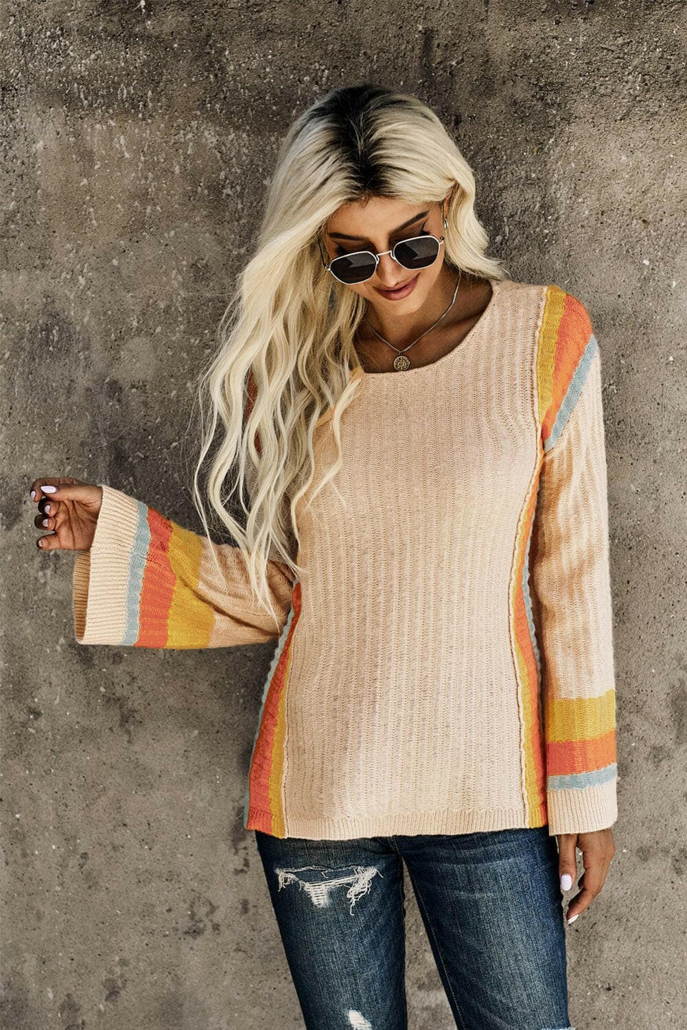 Striped Round Neck Long Sleeve Sweater.