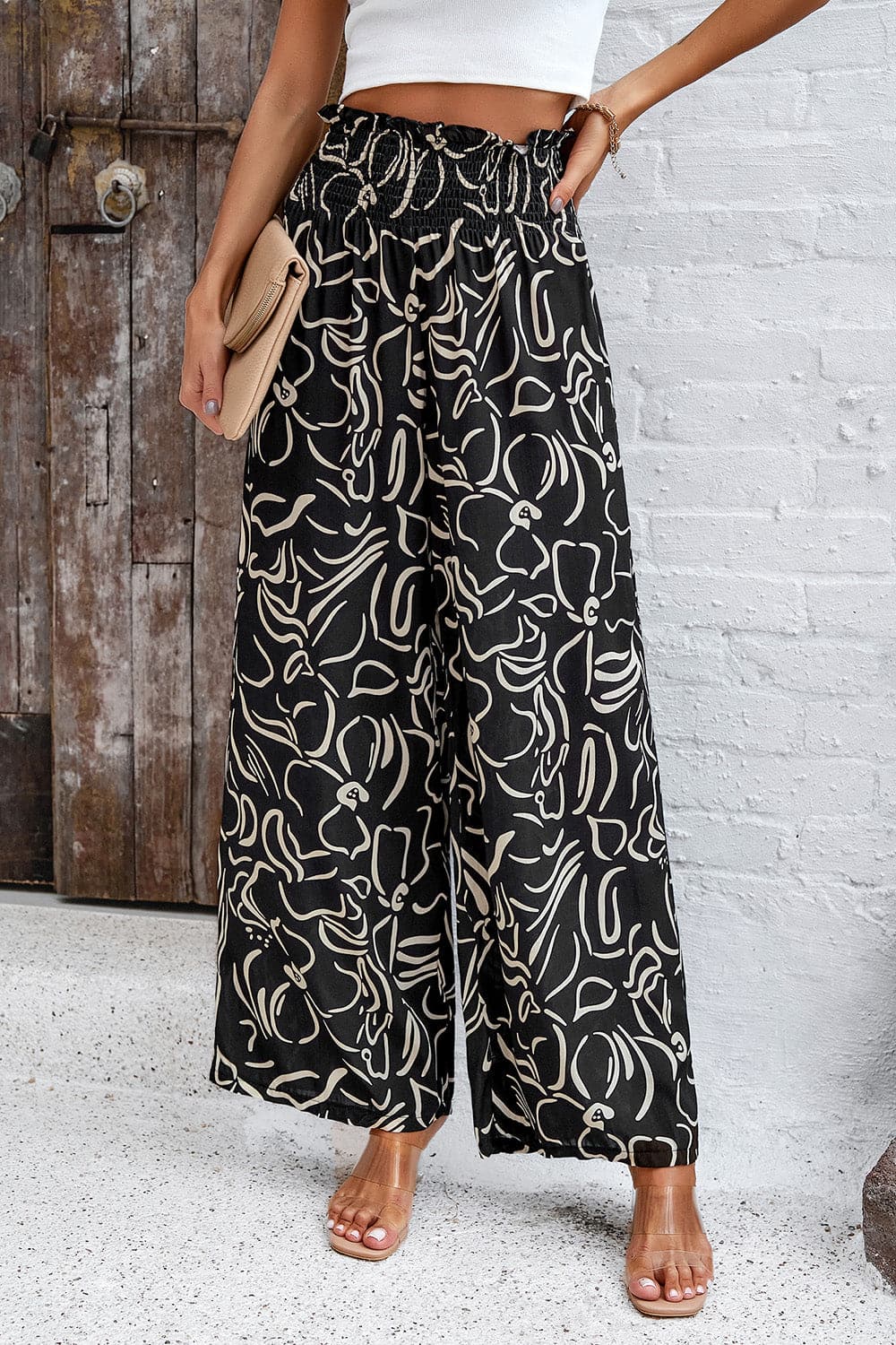 Smocked Printed Wide Leg Pants with Pockets.