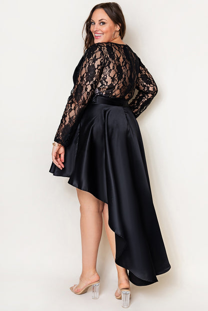 Elegant black plus size satin dress with sheer lace accents