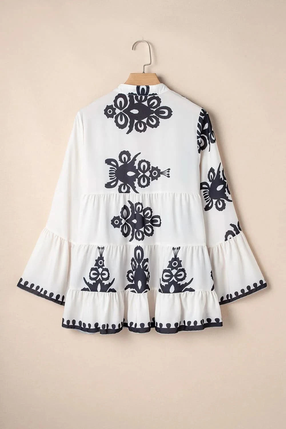 Printed Tiered Notch Neck Long Sleeve Top