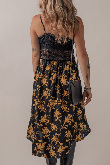 Floral Buttoned Ruffle Hem Skirt.