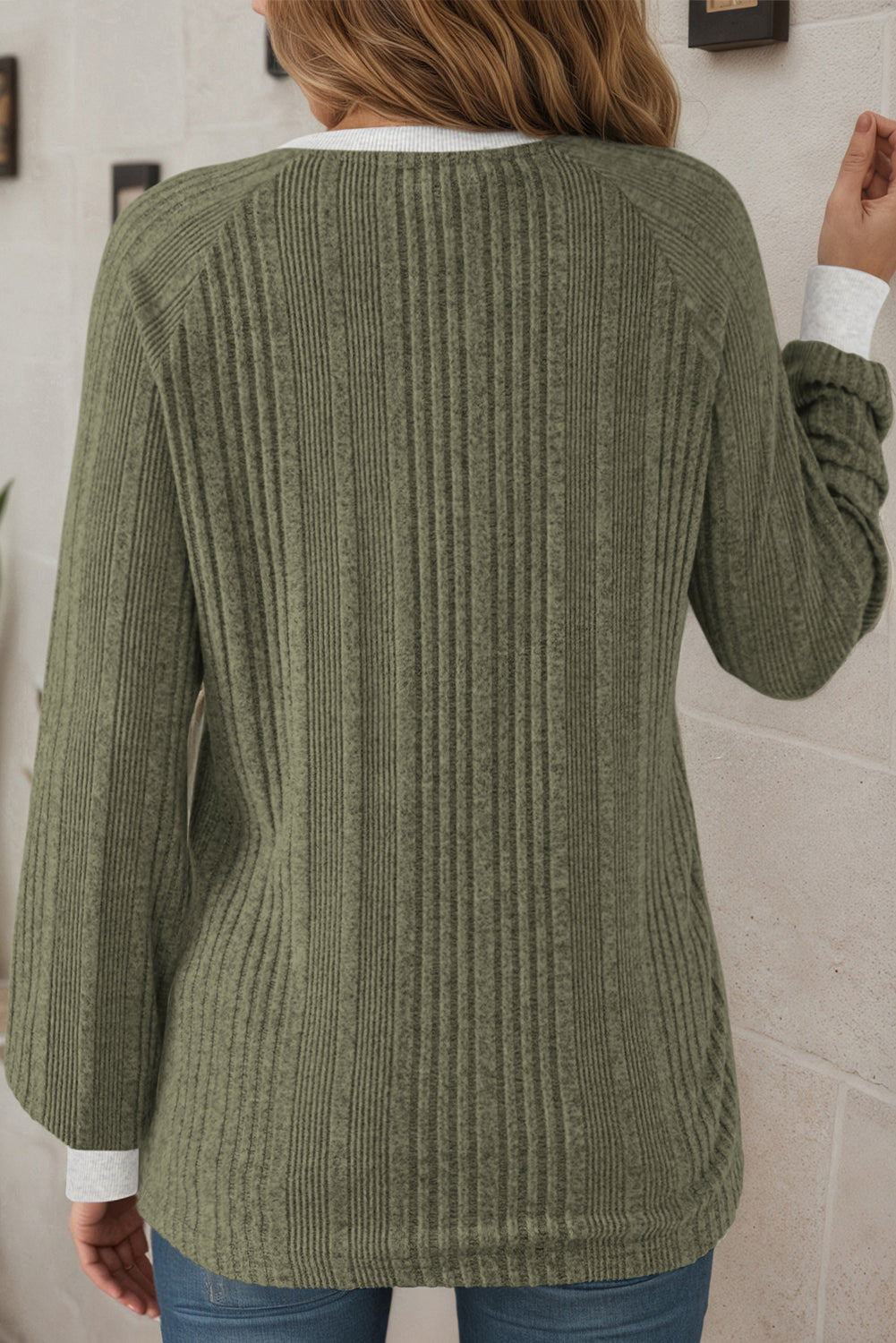 Premium Moss Green Ribbed Contrast Cuffed Round Neck Long Sleeve T Shirt Dear-Lover Dropshipping