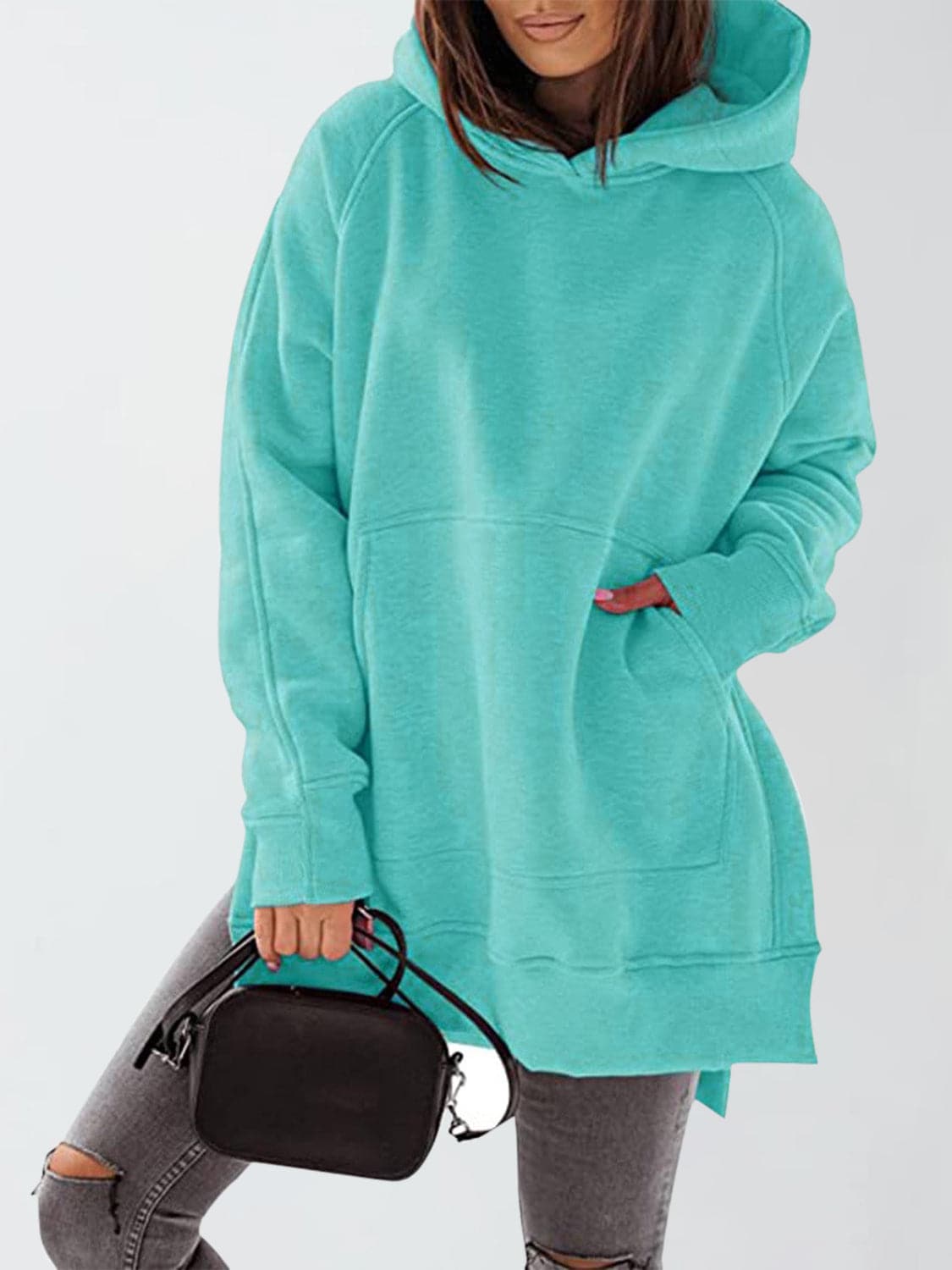 Slit Pocketed Raglan Sleeve Hoodie.