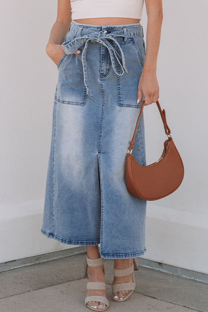 Dusk Blue High-Waisted Belted Midi Denim Skirt with Split Detail