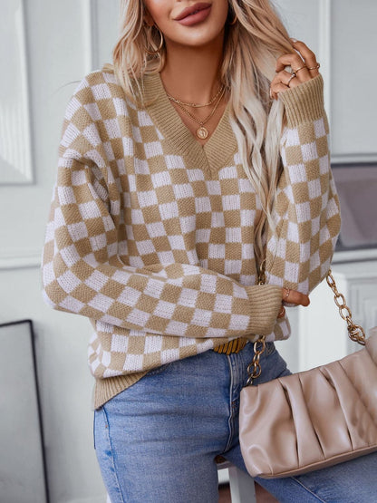 Vibrant checkered v-neck sweater with dropped shoulders