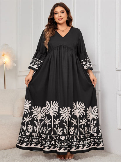 Plus Size Printed V-Neck Long Sleeve Maxi Dress.