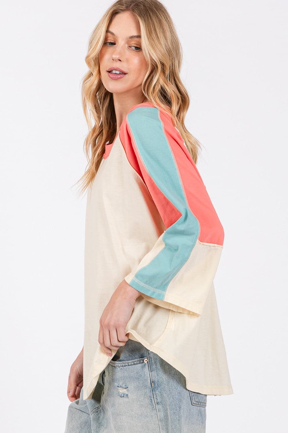 SAGE + FIG Color Block Curved Hem T-Shirt.