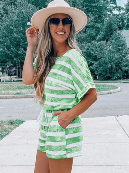 Striped Round Neck Top and Shorts Set.