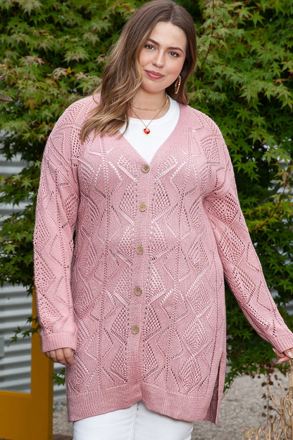 Chic pink open knit cardigan for plus size fashionistas