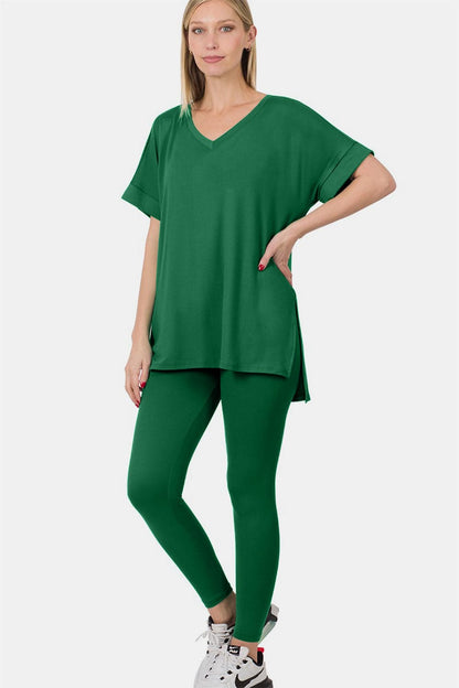 Zenana V-Neck Rolled Short Sleeve T-Shirt and Leggings Lounge Set.