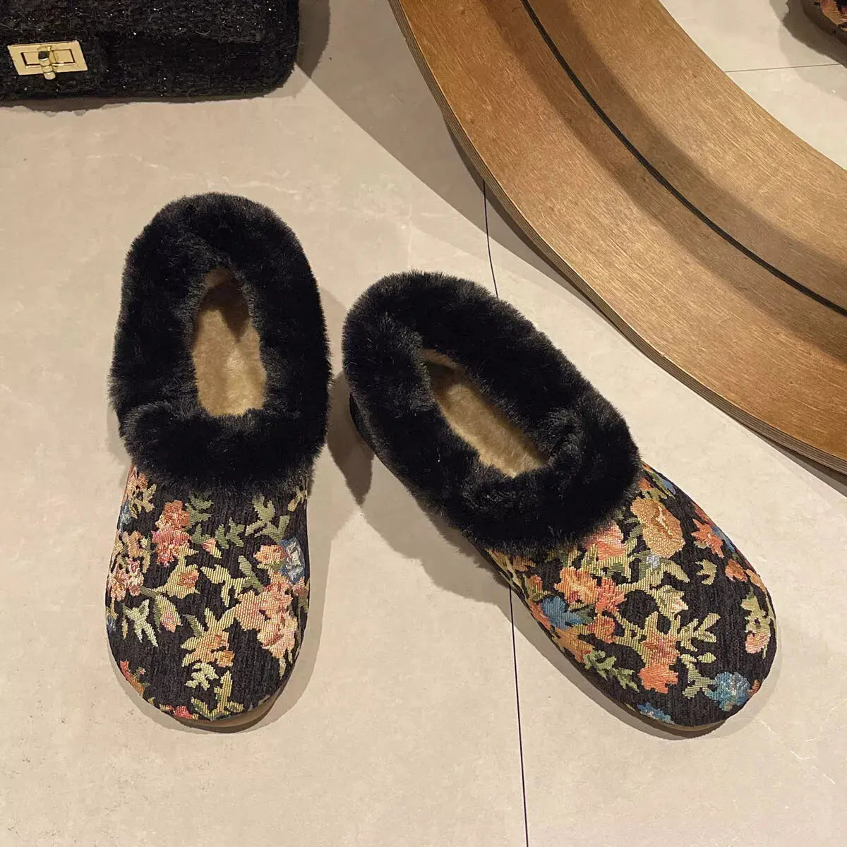 Floral Pattern Plush Lined Slip-Ons Simply Love