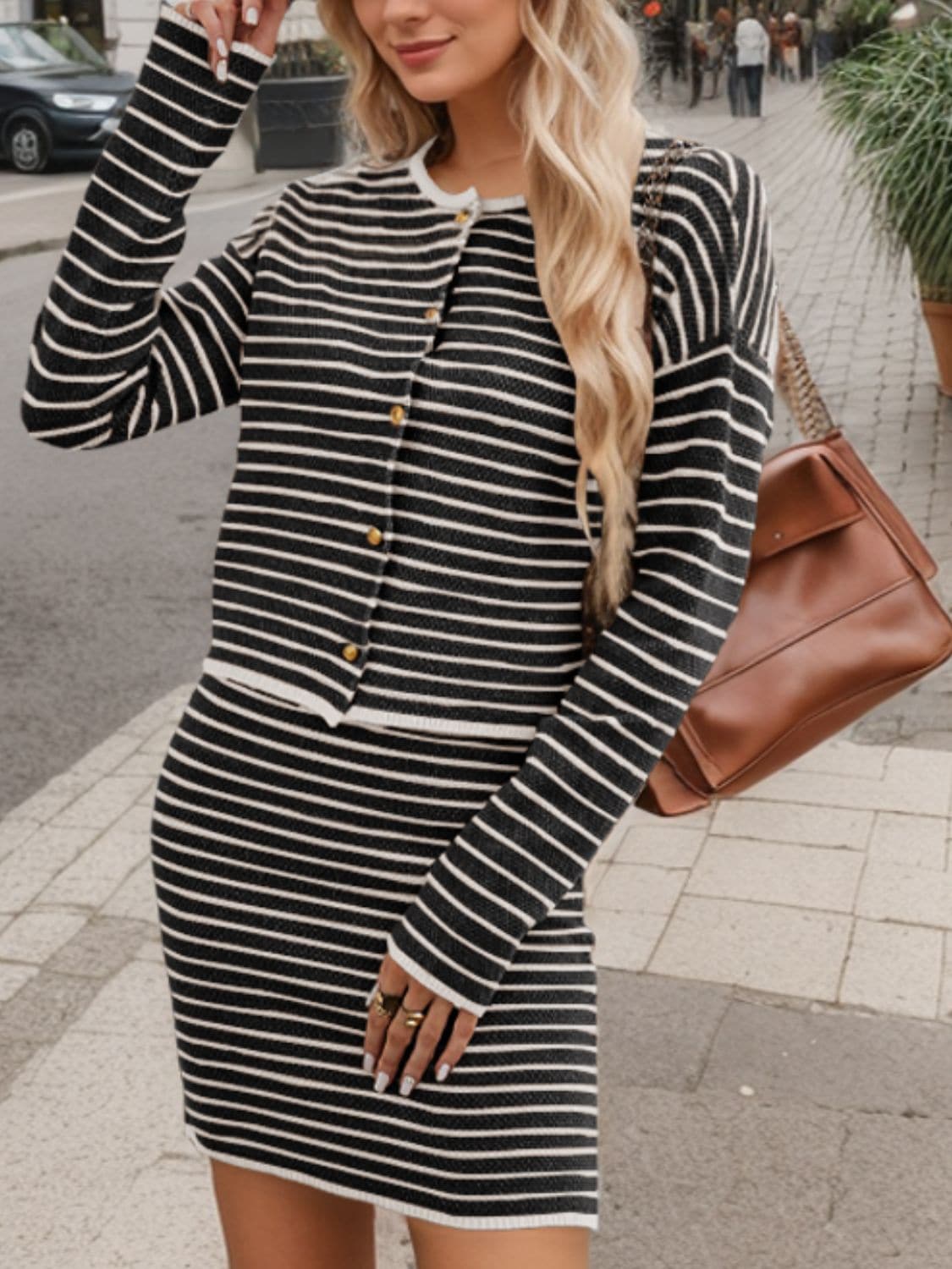 Chic striped two-piece top and skirt ensemble