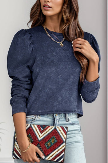 Round Neck Puff Sleeve Sweatshirt.