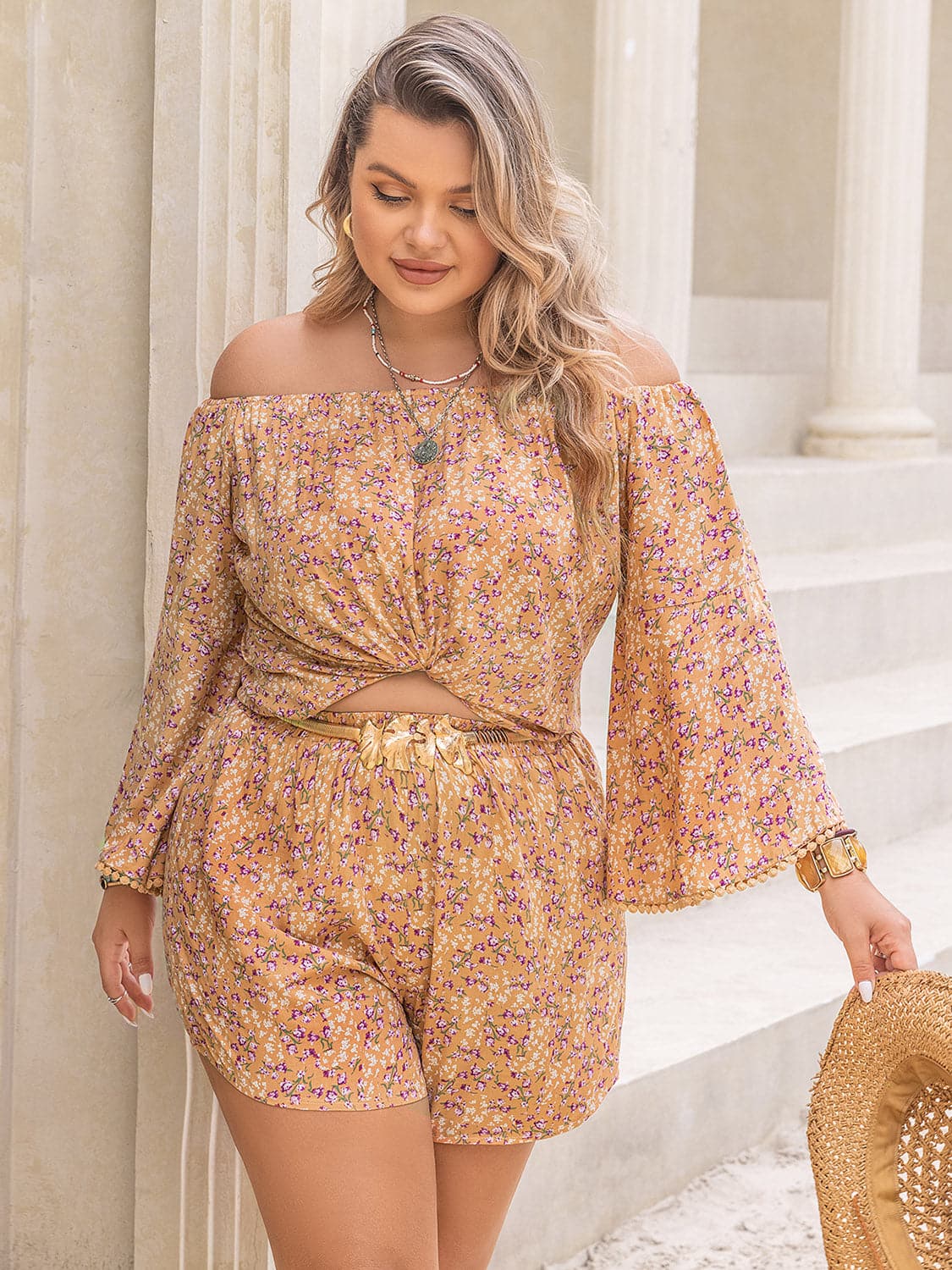 Plus Size Printed Off-Shoulder Top and Shorts Set.