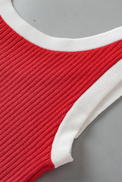 Trendy colorblock ribbed knit U neck tank top in fiery red