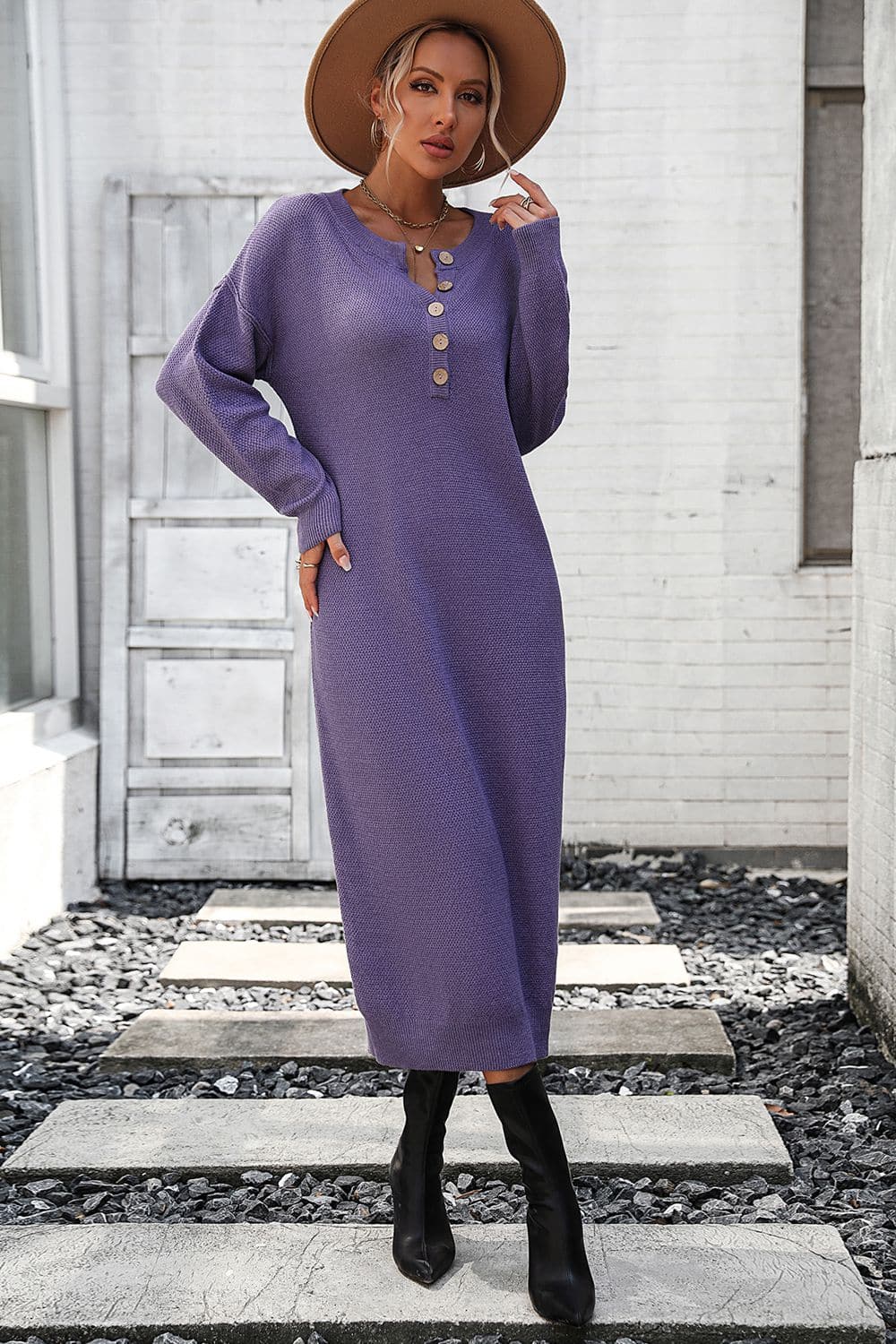 Notched Neck Dropped Shoulder Button-Down Midi Dress.