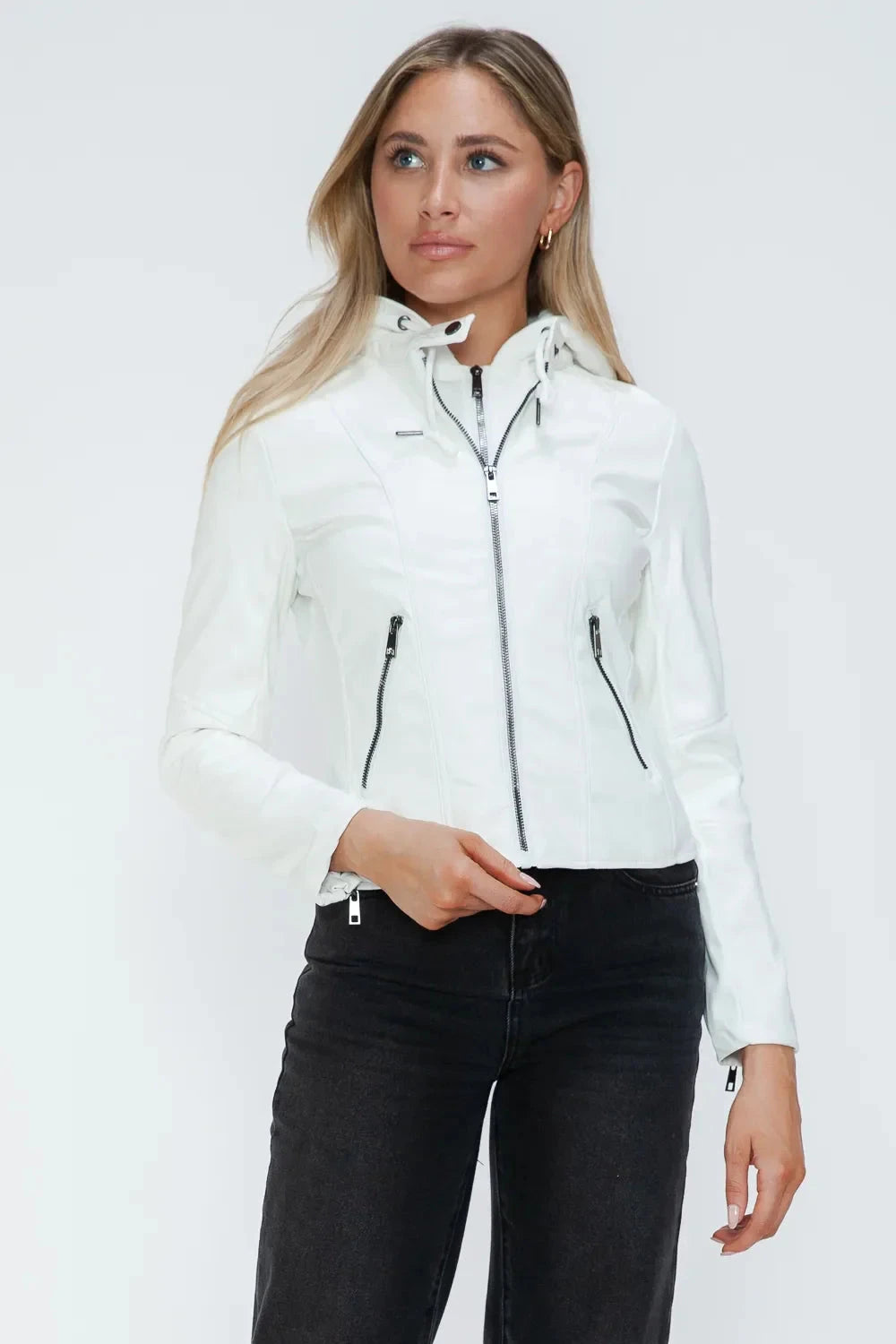 Snobbish Faux Leather Zip Up Drawstring Hooded Jacket Coco’s Tee Boutique