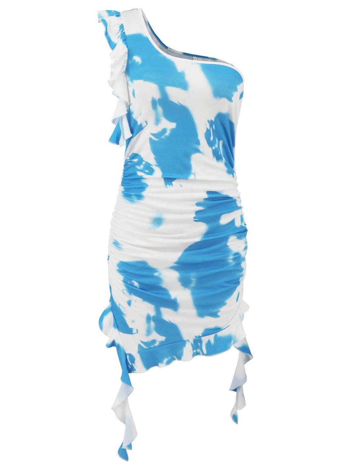 Ruffled Tie-Dye Single Shoulder Mini Dress.