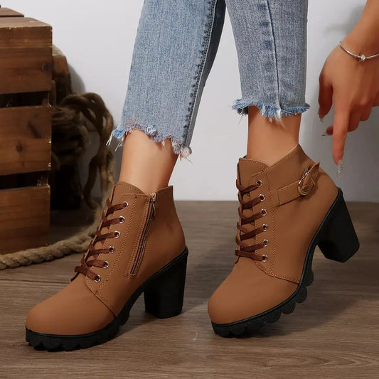 Lace-Up Buckle Chunky Heel Ankle Boots Simply Love