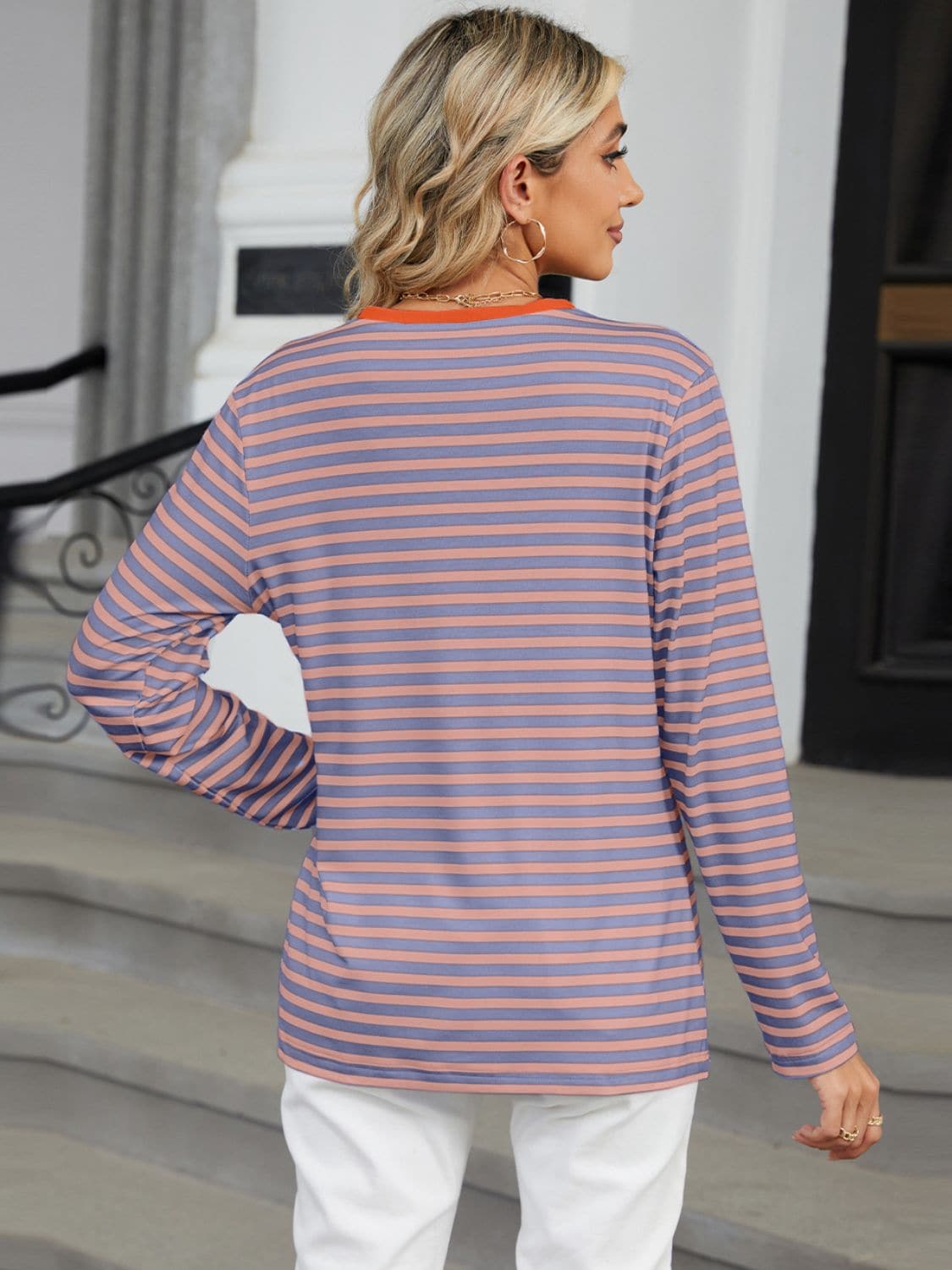 Striped Notched Long Sleeve T-Shirt.