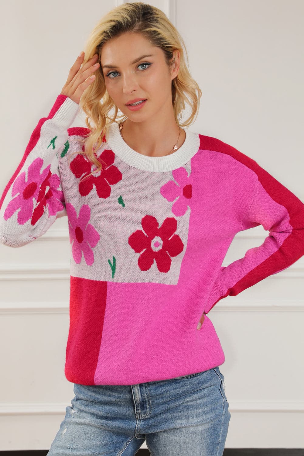 Floral Round Neck Dropped Shoulder Sweater.