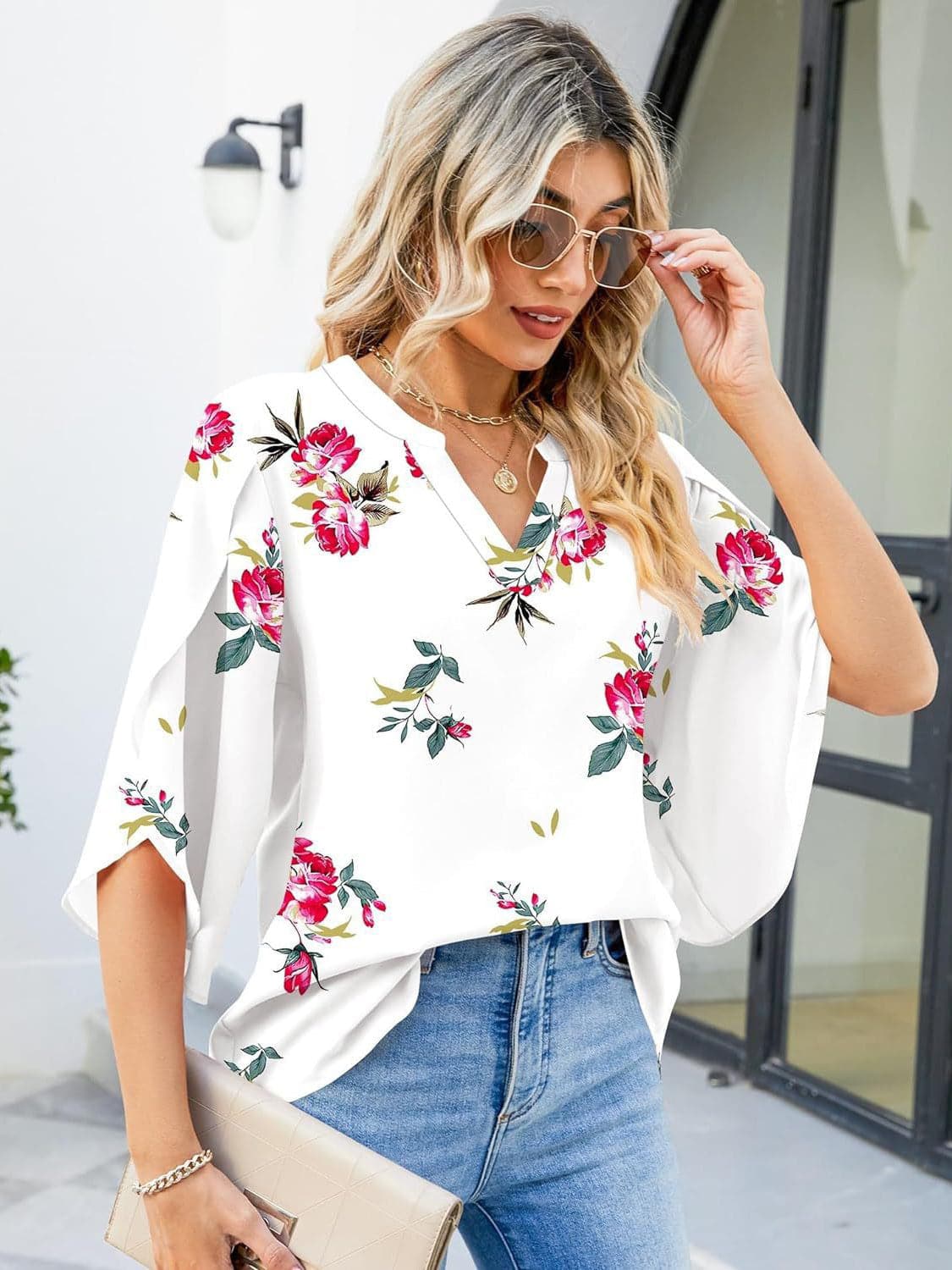 Printed Notched Half Sleeve Blouse.