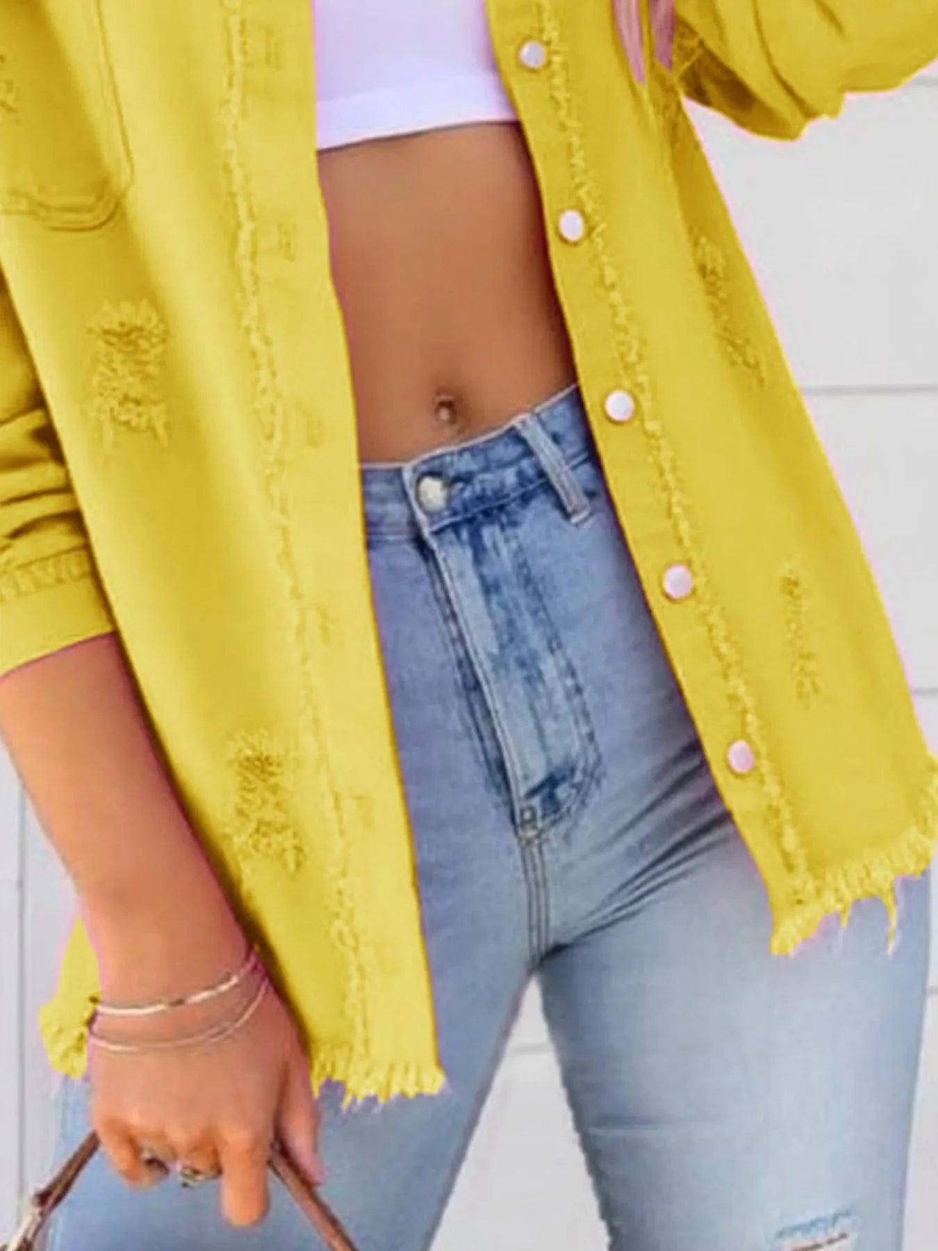 Distressed Denim Jacket with Frayed Edges Coco’s Tee Boutique