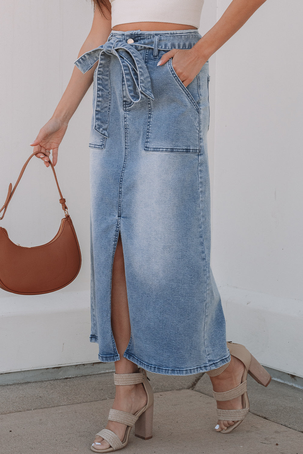 Dusk Blue High-Waisted Belted Midi Denim Skirt with Split Detail