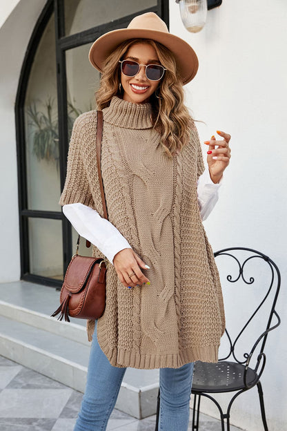 Cable-Knit Turtleneck Slit Sweater.