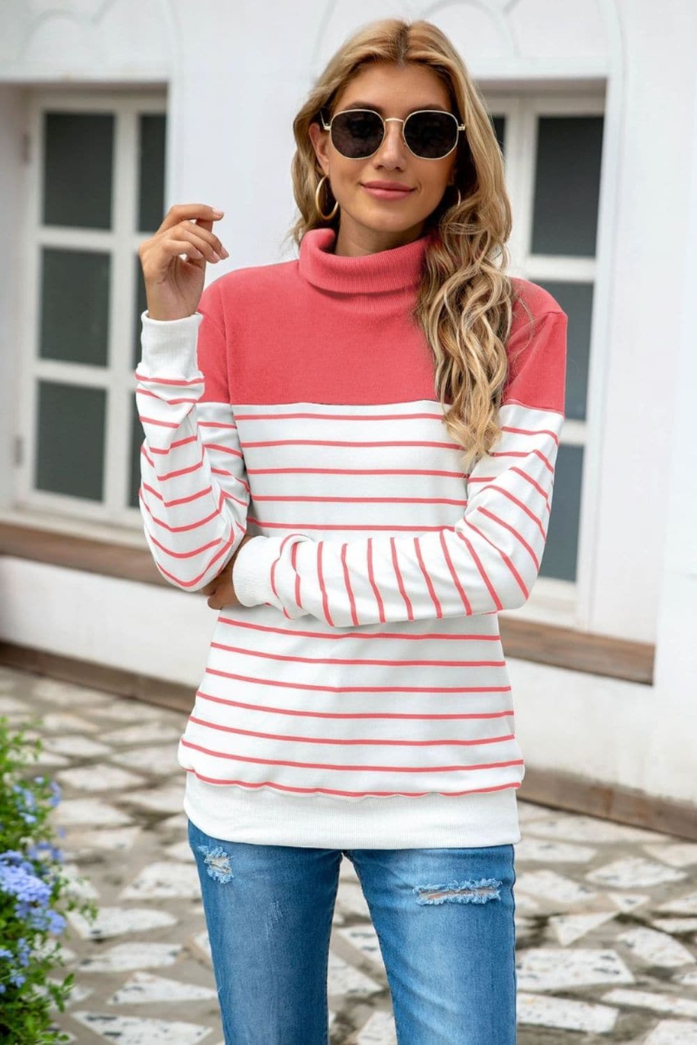 Striped Contrast Turtleneck Sweater.