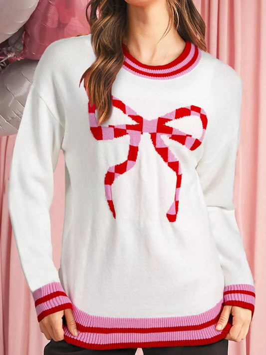 Striped Trim Bow Graphic Round Neck Drop Shoulder Sweater Simply Love
