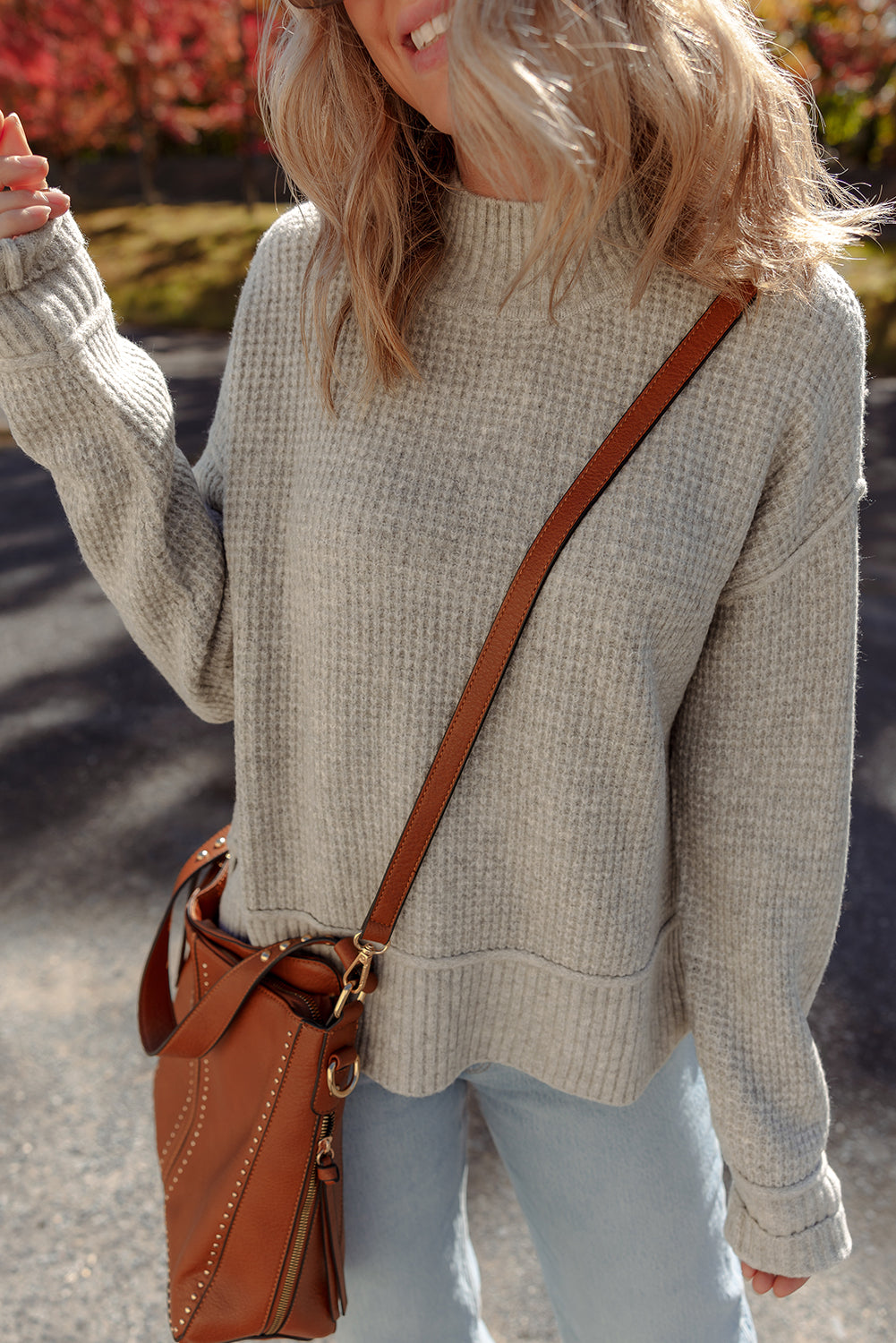 Gray Morn Waffle Knit Ribbed High Neck Drop Shoulder Sweater Dear-Lover Dropshipping