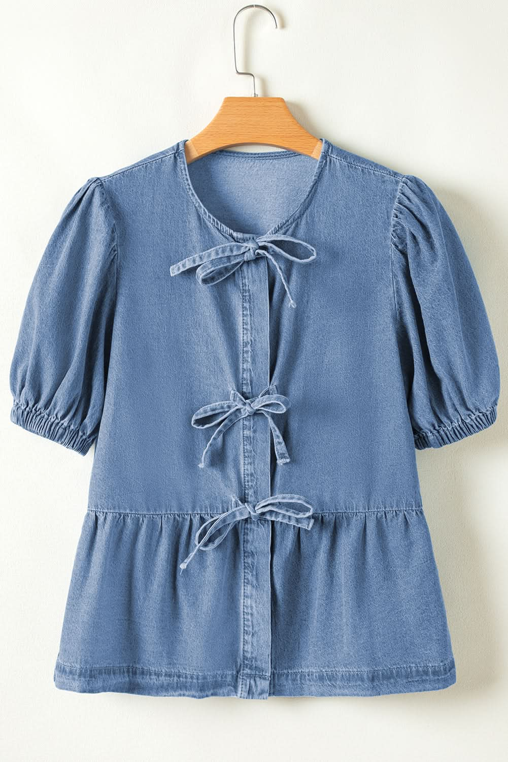 Dusk Blue Tie-Front Peplum Denim Shirt with Bubble Sleeves