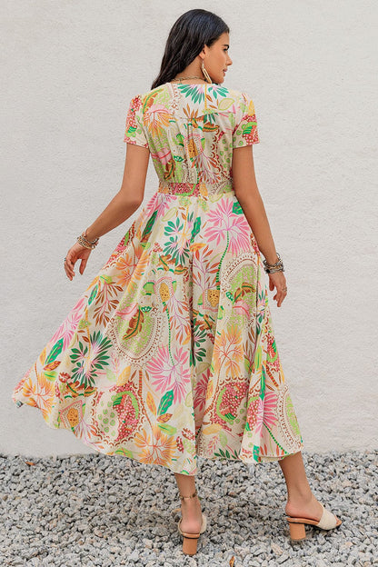 Printed V-Neck Short Sleeve Midi Dress.