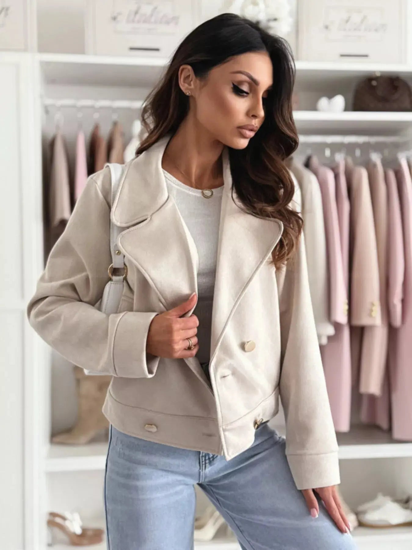 Beige Polyester Double Breasted Lapel Collar Jacket With Pockets Simply Love