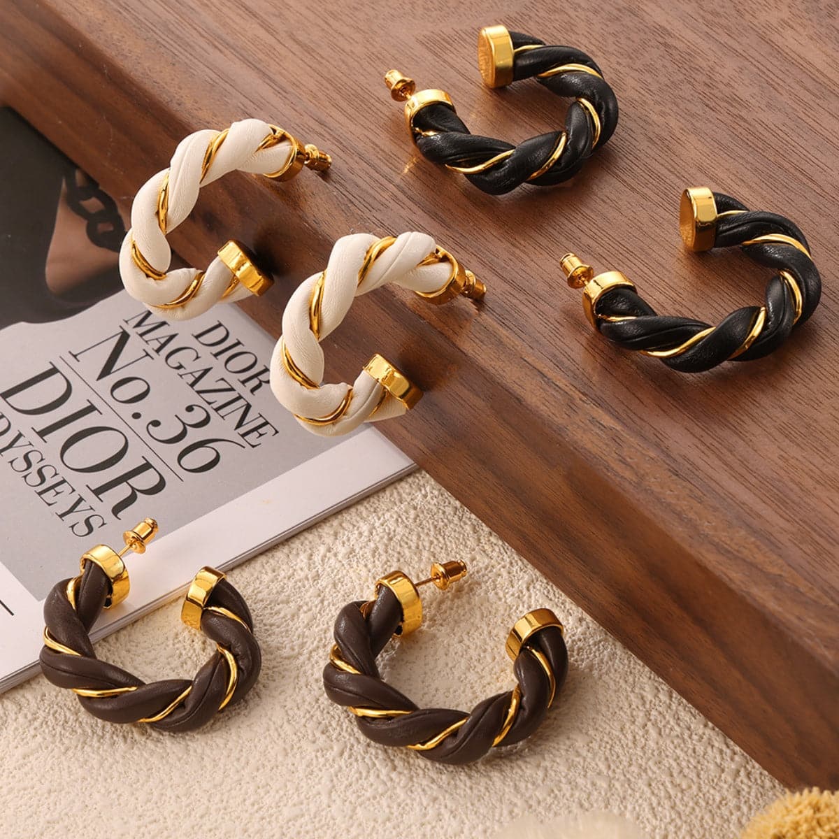 Twisted Leather Rope C-Hoop Earrings.